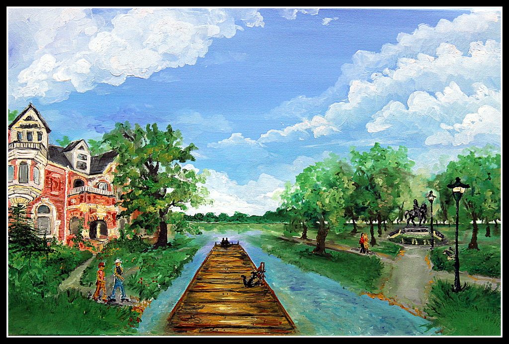Painting of a canal with a wooden walkway, trees and a red brick house