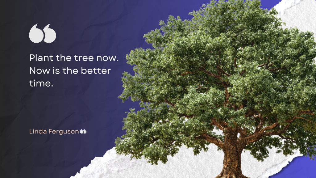 A lush green tree with a sturdy trunk against a blue and white background.